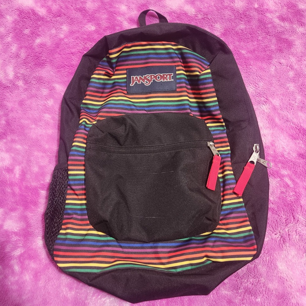 Jansport Cross Town Backpack Rainbow Stripe Black School Bag‎ 16.5 Inch